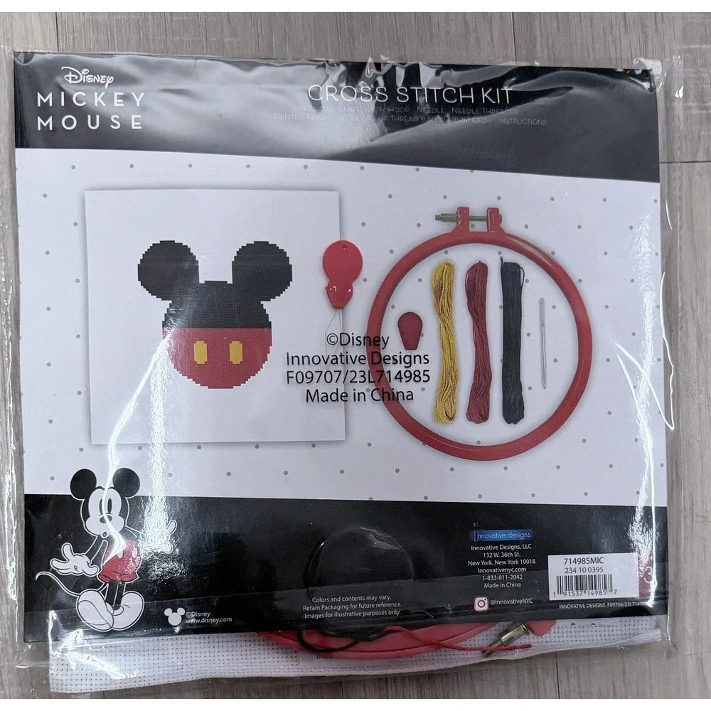 Disney Mickey Mouse Counted Cross Stitch Kit, Thread Hoop Needle Fabric Threader